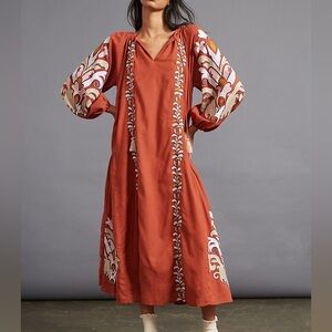 Embroidered Rust Peasant Justine Dress